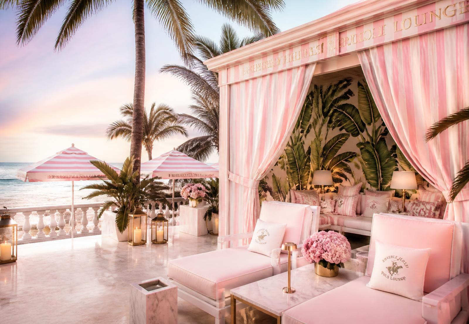 Pink and white beachside polo lounge cabana framed by palm trees and banana leaf wallpaper